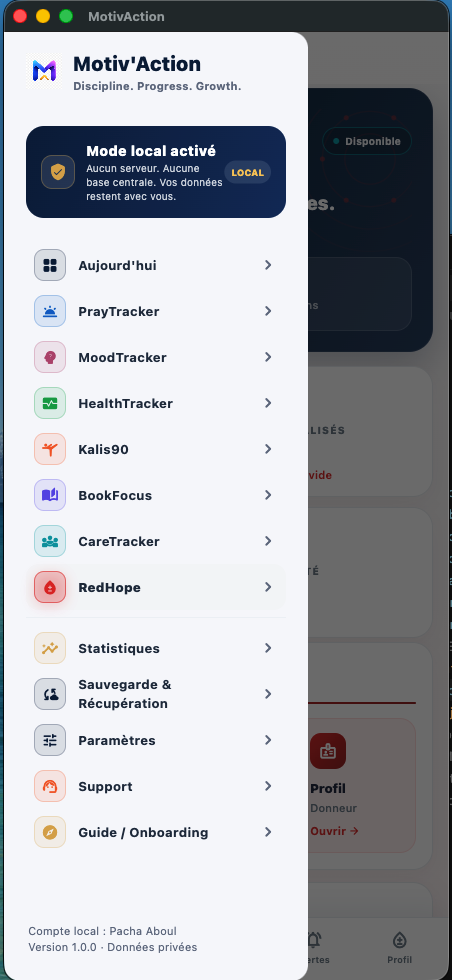 Motiv'Action — menu principal et 7 modules